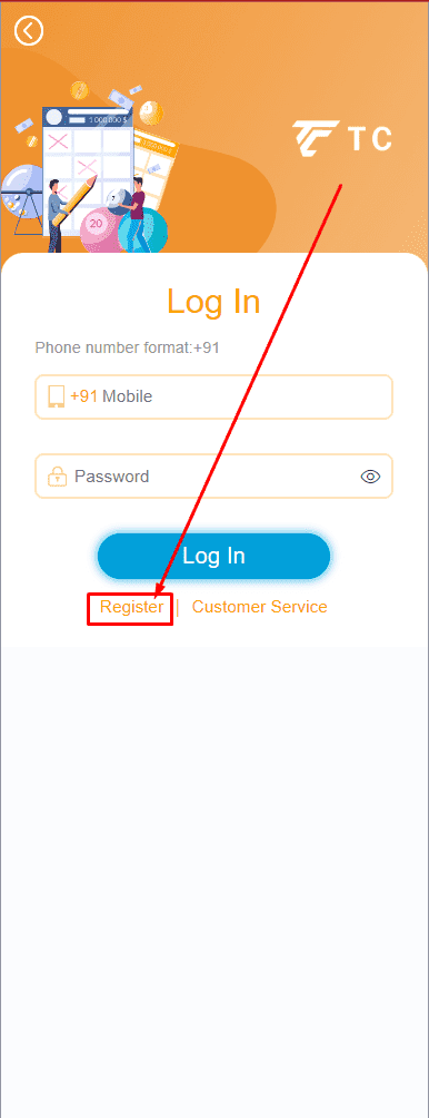 Register at TC Lottery button from mobile app