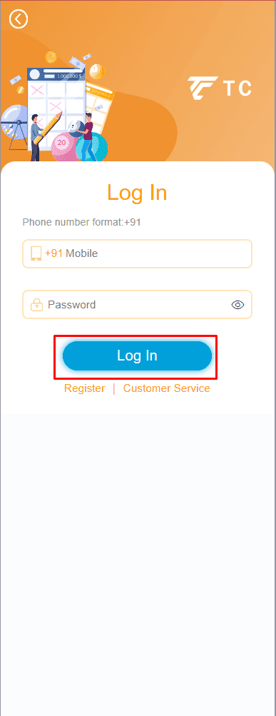 Login Button highlighted in the login page of TC Lottery