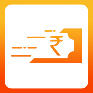 a black and orange square with a currency symbol and a rupee sign