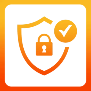 a black and orange square with a yellow and orange background with a lock and check mark