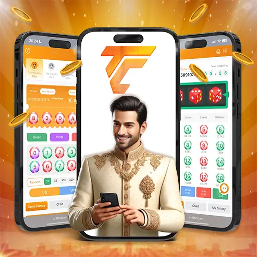 A man playing Colour prediction game with 3 mobile phone background featuring the game
